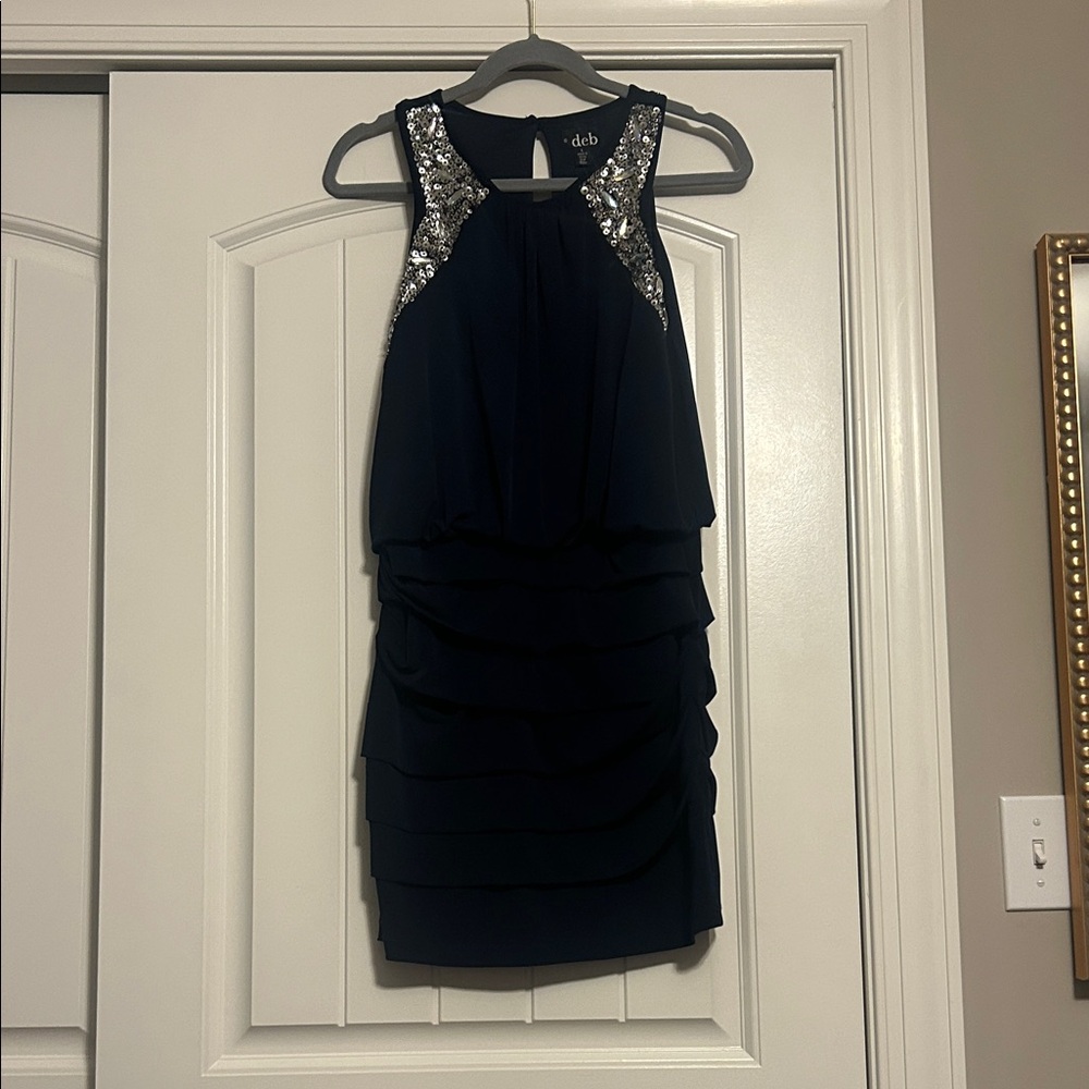 Deb Navy Sequin-Trim Layered Ruffle Mini Dress
